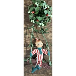 Vtg. 60s Pixie Elf On Swing Hanging FromMistletoe & Holly Christmas Ornament